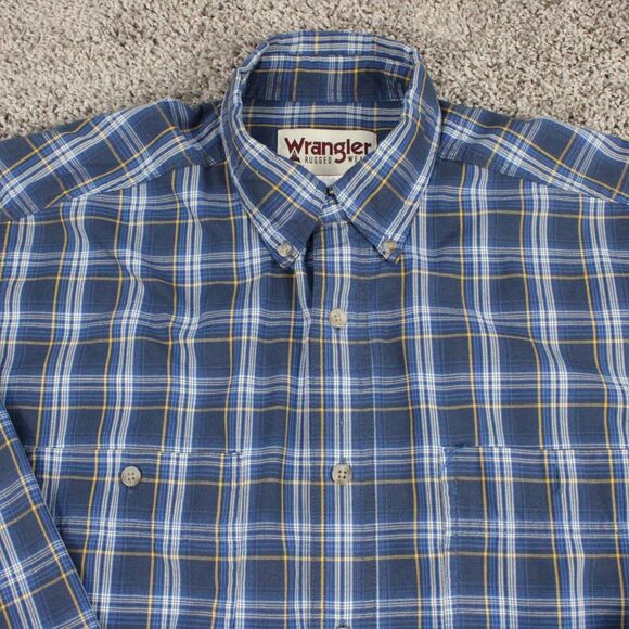 Wrangler Rugged Wear Shirt Mens Large Blue Plaid Long Sleeve Western Fit - Picture 2 of 8